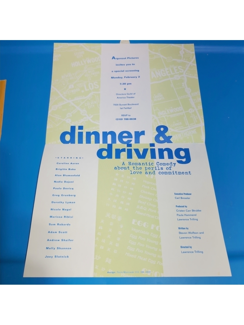 Dinner & Driving Movie Premiere Invitation 1997 Joey Slotnick Paula Devicq